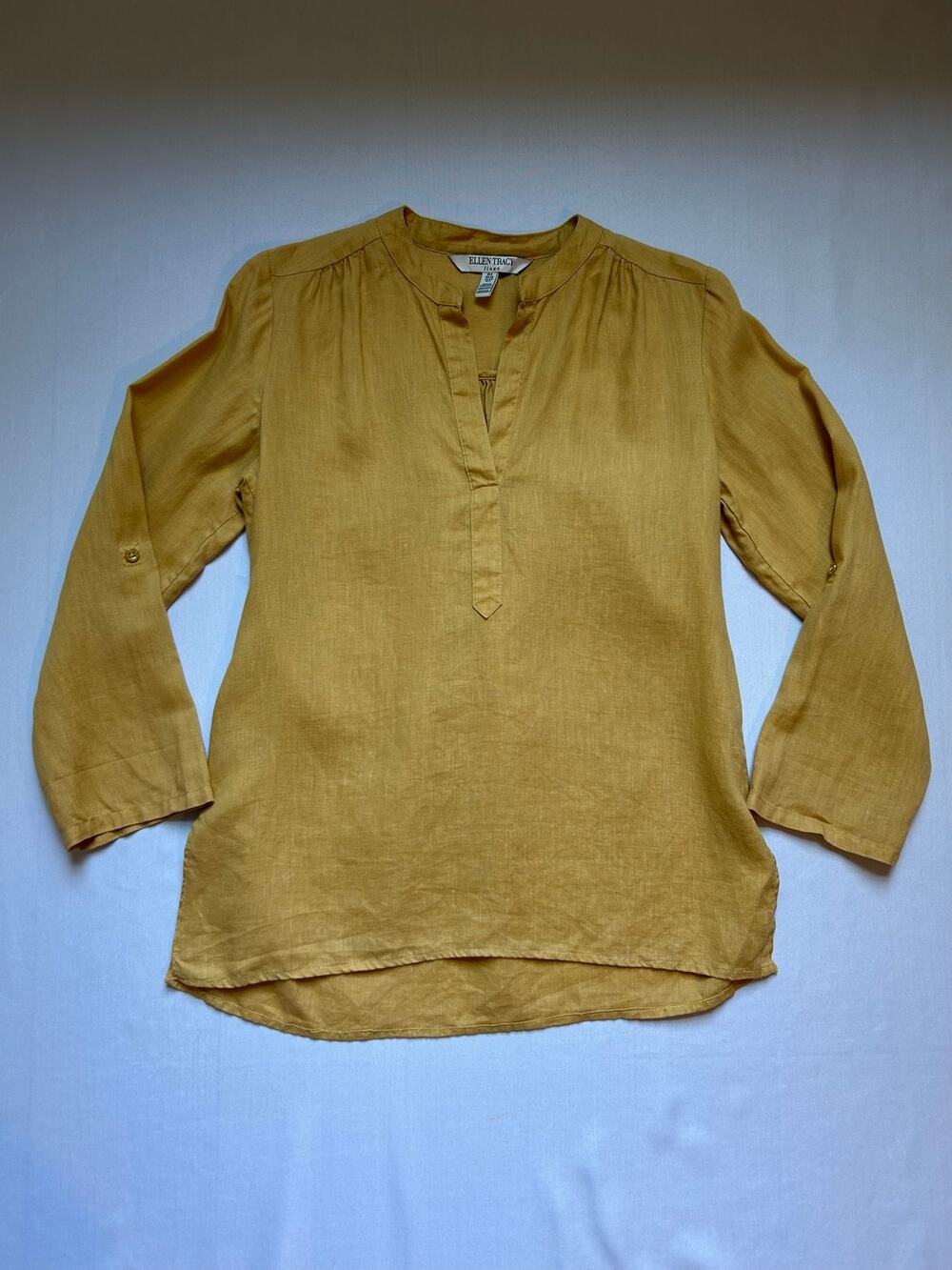 Ellen Tracy Linen Tunic Top Split Neck Mustard Yellow Small